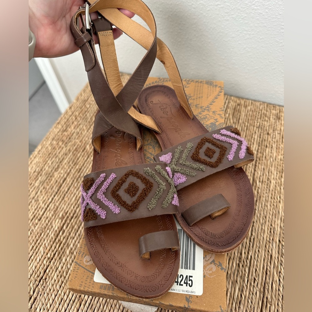 Free People Brown Sandals with Purple Embroidery